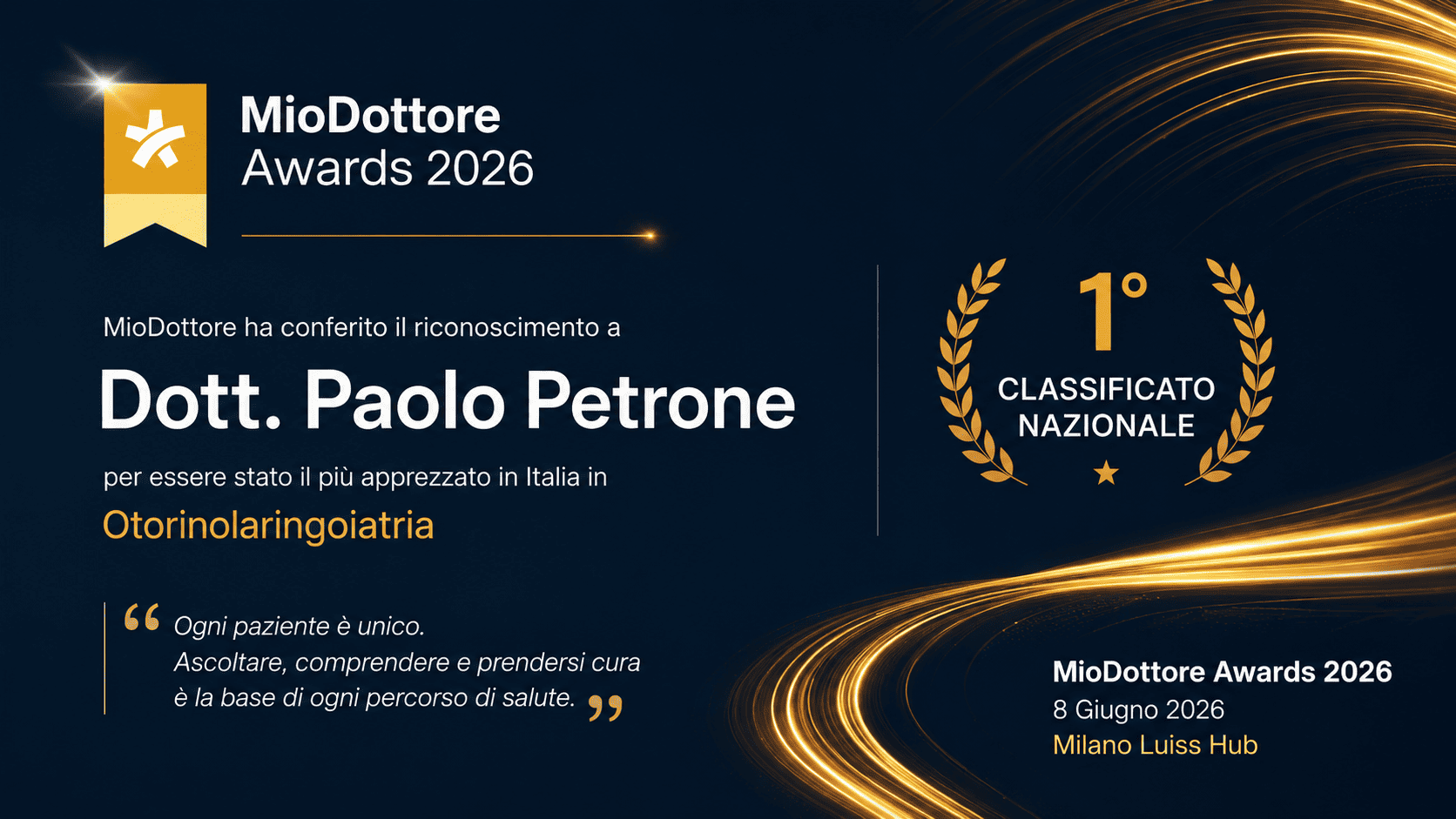 Essere premiati come miglior otorino in Italia. Professionalità ed empatia dietro il premio “MioDottore Awards 2026”