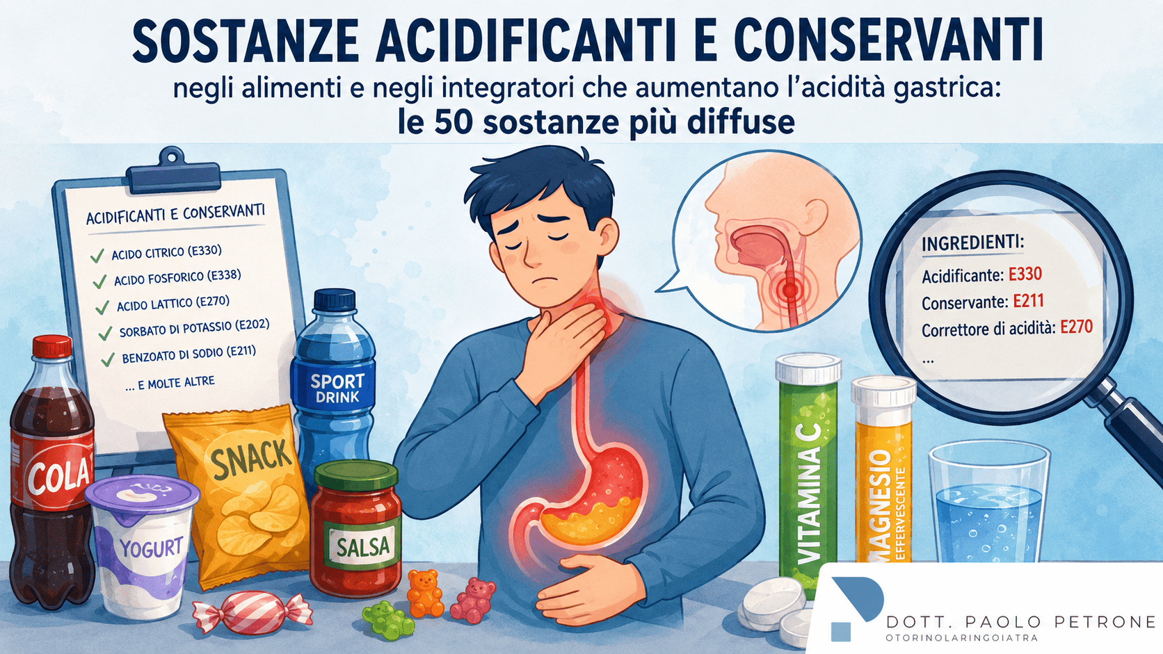 Sostanze acidificanti negli alimenti e negli integratori: le 50 più diffuse che possono peggiorare il reflusso laringo-faringeo